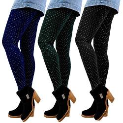 Libella 3er Set Winterleggings Skinny Thermoleggings Laufhose mit Pünktchen Norweger Teddy-Innenfleece Frauen/Mädchen 4146 Schwarz+Grün+Marienblau von Libella