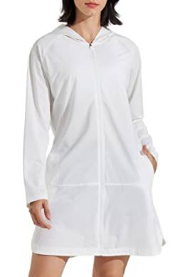 Libin Damen Sonnenschutz Jacke Lange UPF 50+ UV Sportshirt Hoodie Shirts Langarm Atmungsaktiv Laufshirt Sommerjacke mit Reißverschluss Taschen für Strand Bootfahren Wandern Weiß L von Libin
