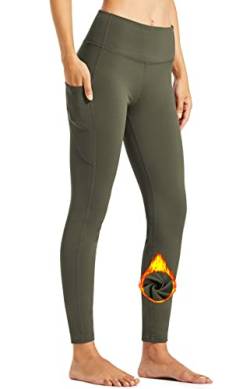 Libin Damen Thermo Leggings mit Taschen Yogahose Winter Gefüttert Laufhose Sportleggins Sporthose Thermounterwäsche Damen Sport Leggings Armeegrün XXL von Libin