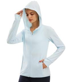Libin Damen UPF 50+ Sonnenschutz Hoodie Full Zip Laufshirt Langarm Sun Shirt Sportshirt für Running Wandern Outdoor Surfen mit Taschen, Eisblau L von Libin