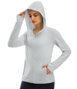 Libin Damen UPF 50+ Sonnenschutz Hoodie Full Zip Laufshirt Langarm Sun Shirt Sportshirt für Running Wandern Outdoor Surfen mit Taschen, Light Gery S von Libin