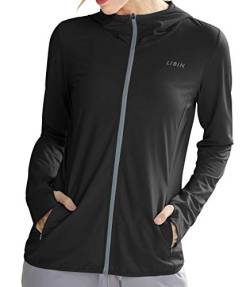 Libin Damen UPF 50+ Sonnenschutz Hoodie Full Zip Laufshirt Langarm Sun Shirt Sportshirt für Running Wandern Outdoor Surfen mit Taschen, Schwarz XL von Libin