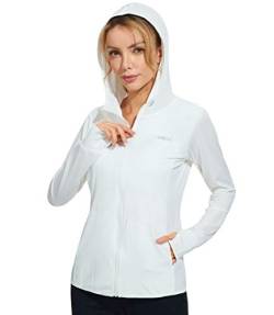 Libin Damen UPF 50+ Sonnenschutz Hoodie Full Zip Laufshirt Langarm Sun Shirt Sportshirt für Running Wandern Outdoor Surfen mit Taschen, Weiß XXL von Libin