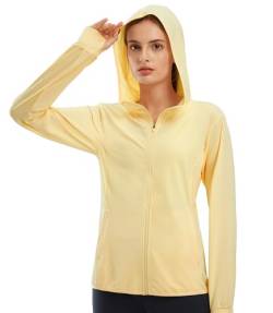 Libin Damen UPF 50+ Sonnenschutz Hoodie Full Zip Laufshirt Langarm Sun Shirt Sportshirt für Running Wandern Outdoor Surfen mit Taschen,Hellgelb XXL von Libin