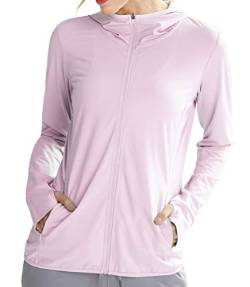 Libin Damen UPF 50+ Sonnenschutz Hoodie Full Zip Laufshirt Langarm Sun Shirt Sportshirt für Running Wandern Outdoor Surfen mit Taschen, Hellrosa M von Libin