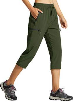 Libin Damen Wanderhose Sommer Leicht Schnell Trocknend Caprihose Trekkinghose Outdoorhose Wasserdicht Winddicht Funktionshose mit Reißverschlusstasche, Armee Grün, 3XL von Libin