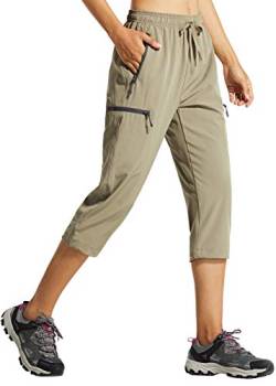 Libin Damen Wanderhose Sommer Leicht Schnell Trocknend Caprihose Trekkinghose Outdoorhose Wasserdicht Winddicht Funktionshose mit Reißverschlusstasche, Khaki, XXL von Libin