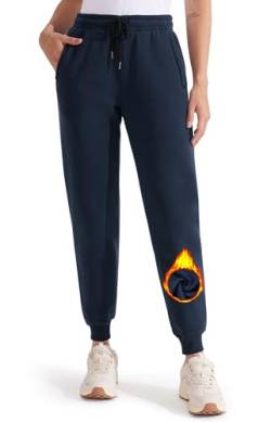 Libin Gefütterte Jogginghose Damen Warme Fleecehose Sporthose Trainingshose Sweatpants Laufhose mit Reißverschluss Taschen für Winter Herbst Marineblau XXL von Libin