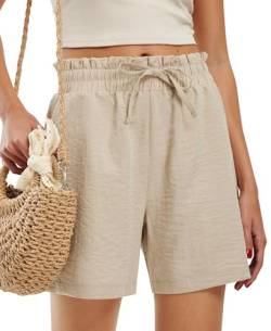 Libin Kurze Hose Damen Leinen Imitiert Shorts Sommer Strandshorts High Waist Kordelzug Freizeit Shorts mit Taschen Beige XL von Libin