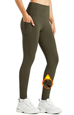 Libin Thermo Leggings Damen Winter Warm Thermoleggins Laufhose High Waist Wasserabweisend Thermohose Sportleggins Damen Lang mit Taschen, Armeegrün, L von Libin