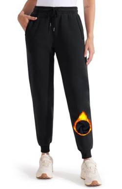 Libin Warme Jogginghose Damen Gefütterte Thermo Sporthose Winter Trainingshose Sweatpants Laufhose Yoga Hosen mit Reißverschluss Taschen Schwarz M von Libin