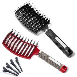 Lictin 2 Stück Haarbürste ohne Ziepen, Haarbürste für Damen, Herren & Kinder, Haarbürste Wildschweinborsten für Locken & Lange Haare, Natur Antistatisch Entwirrbürste mit 4PCS Haar Klammer,Schwarz+Rot von Lictin