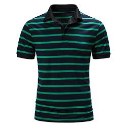 Lidssacde Herren Basic Poloshirt Mode Revers Oberteile Kurzarm Golf T-Shirt Freizeit Sport Bluse Slim Fit Polo Shirts Gestreift Patchwork Kontrast Polohemd(Grün,XL) von Lidssacde