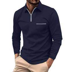 Lidssacde Polo Shirt Herren Langarmshirt mit Tasche Freizeithemd Einfarbig Basic Shirt Halber Reißverschluss Langarm Hemd Regular Fit Trachtenmode Atmungsaktiv Businesshemd (01-Marine, XL) von Lidssacde