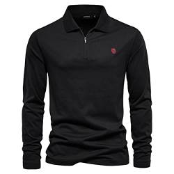 Polo Shirt Herren Langarmshirt mit Tasche Freizeithemd Einfarbig Basic Shirt Halber Reißverschluss Langarm Hemd Regular Fit Trachtenmode Atmungsaktiv Businesshemd (02-Black, S) von Lidssacde