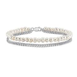 Lieson 925 Silber Armband Damen, Gliederarmband Doppelt Layering Panzerkette und Perlenkette Silber 20CM, Geburtstag Muttertag Weihnachten Geschenk für Mama Ehefrau Freundin von Lieson