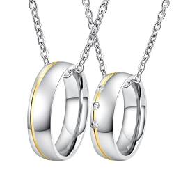 Lieson Edelstahl Anhänger Halskette für Damen und Herren, Ring Mit Gravur Personalisiert Breite 6MM Zirkonia Ring Silber Gold Geschenke für Paare von Lieson