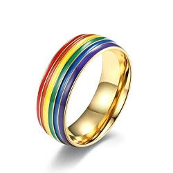 Lieson Ehering Edelstahl Männer, 8MM Regenbogen Streifen LGBT Verlobungsringe Freundschaftsringe Hochzeitsringe Partnerringe für Herren Gold Gr.54 (17.2) von Lieson