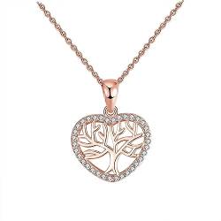 Lieson Halskette Frauen Silber 925, Kette Anhänger Damen Lebensbaum Hohl Herz mit Zirkonia Rosegold, 45CM von Lieson
