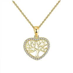 Lieson Halskette Silber 925, Halskette Damen Anhänger Lebensbaum Hohl Herz mit Zirkonia Gold, 45CM von Lieson