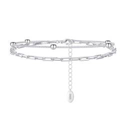 Lieson Silber Armband Damen 925, Armbänder Doppelt Layering Geometrisch Kette mit Perlen Silber Verstellbare 16.5CM, Geburtstag Muttertag Geschenk für Mama Ehefrau Freundin von Lieson