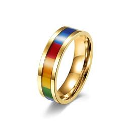 Lieson Verlobungsringe Edelstahl Frauen Männer, Poliert 6MM Regenbogen LGBT Freundschaftsringe Eheringe Hochzeitsringe Partnerringe für Herren Damen Gold Gr.67 (21.3) von Lieson