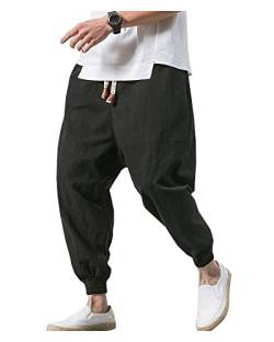 LifeHe Herren Hip Hop Haremshose Jogger Leinen Kordelzug Elastische Taille Baggy Drop Crotch Sweatpants Hose, schwarz, Groß von LifeHe