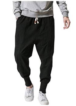 LifeHe Herren Leinen Drop Crotch Wide Leg Baggy Haremshose, Schwarz, Klein von LifeHe