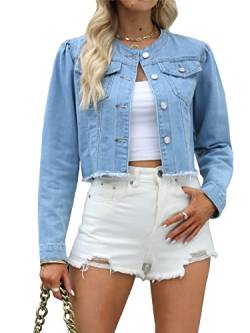 Damen-Jeansjacke mit Knopfleiste, ohne Kragen, lange Ärmel, ausgefranster Saum, Blau, XL von LifeShe
