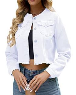 Damen-Jeansjacke mit Knopfleiste, ohne Kragen, lange Ärmel, ausgefranster Saum, Weiss/opulenter Garten, XXL von LifeShe