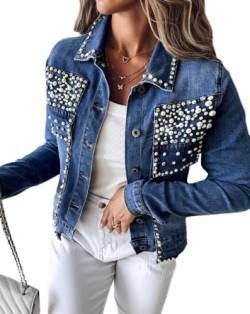 LifeShe Damen Jeansjacke Perlen Cropped Strass Jean Blazer Mantel, Blau, M von LifeShe