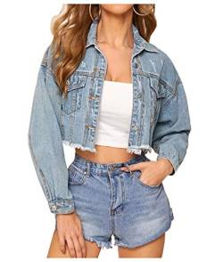 LifeShe Damen Jeansjacke mit ausgefranstem Saum - Blau - X-Small von LifeShe