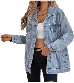 LifeShe Damen Lange Oversized Jeansjacke Boyfriend Ripped Distressed Jeans Jacken Mantel, Hell, blau, S von LifeShe