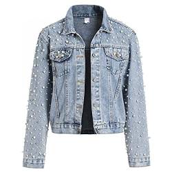 LifeShe Damen Perlen Jeansjacke Cropped Strass Jeans Jacke Mantel, Blau, M von LifeShe