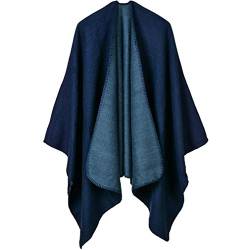 Lifetooler Frauen Poncho Open Front Winterstrickjacke Lady Wendeumhang Bedruckte übergroße Umhänge Karierte Strickdecke Tartan Decke Bohemia Geometrisches Muster Schal (Marineblau) von Lifetooler