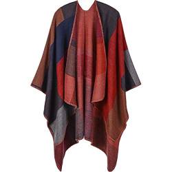 Lifetooler Frauen Poncho Open Front Winterstrickjacke Lady Wendeumhang Bedruckte übergroße Umhänge Karierte Strickdecke Tartan Decke Bohemia Geometrisches Muster Schal (quadratisch-rot) von Lifetooler