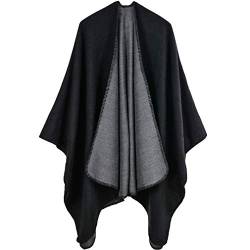 Lifetooler Frauen Poncho Open Front Winterstrickjacke Lady Wendeumhang Bedruckte übergroße Umhänge Karierte Strickdecke Tartan Decke Bohemia Geometrisches Muster Schal (schwarz) von Lifetooler