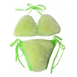 Liffup Damen Flauschige Künstliche Fell Pelz Bikini Set Seitlich Gebunden Zweiteiliger Badeanzug Grün One Size von Lifup