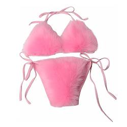 Liffup Damen Flauschige Künstliche Fell Pelz Bikini Set Seitlich Gebunden Zweiteiliger Badeanzug Rosa One Size von Lifup