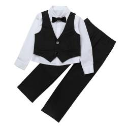 LiiYii 4Pcs Jungen Gentleman Smoking Anzug Lang Hemd + Weste + Hose + Fliege Babykleidung Schicker Taufanzug Festliche Kinderanzug Festanzug Anzugsset Bekleidungsset Schwarz 110-116 von LiiYii