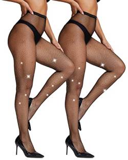 LiiYoang 2 PCS Glitzer Strumpfhose Damen Netzstrumpfhose Schwarz,Fischnetz Strumpfhosen Strass Glitzerstrumphose für Sexy Frauen | Nachtclub,Partystrumpf (2*Schwarz) von LiiYoang