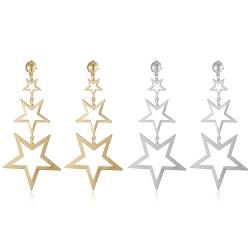 Liitata 2 Paar Metallic Geometrische Ohrringe Boho Stern Ohrringe Große Hohl Stern Ohrstecker Vintage Lang Dreifach Stern Ohrringe für Mädchen Frauen - Gold Silber von Liitata