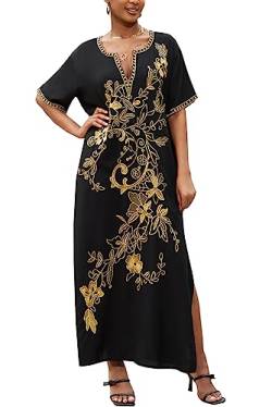 LikeJump Damen Bohemien Blumenstickerei Stickerei Bikini Cover Ups Übergröße Strandkleider Kaftan Kimono Badeanzug von LikeJump