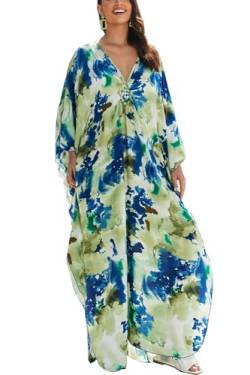 LikeJump Langes Kaftan-Nachthemd für Damen, geräumig, Homewear, übergroß, Maxi-Kimono-Vertuschung, Bademäntel, A Grün Blau, Einheitsgröße von LikeJump