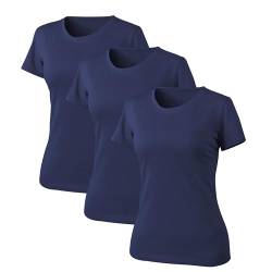 Liking 3er Pack Basic Tshirt Damen,Unterhemd Damen Kurzarm Damen T-Shirt Basic Tshirt Damen Casual Rundhalsausschnitt Tops Damen Tshirt Basic Baumwolle Set Marineblau 6101-UN3-S-3 von Liking