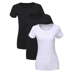 Liking 3er Pack Damen T-Shirt schwarz oder weiß Kurzarm Basic Sommer T-Shirts,Damen Baumwolle Elegant Oberteile Damen T-Shirt Basic Baumwolle Set,T Shirts Damen 6101-BLW-L-3 von Liking