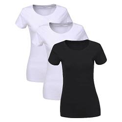 Liking 3er Pack Damen T-Shirt schwarz oder weiß Kurzarm Basic Sommer T-Shirts,Damen Baumwolle Elegant Oberteile Damen T-Shirt Basic Baumwolle Set,T Shirts Damen 6101-BWH-L-3 von Liking