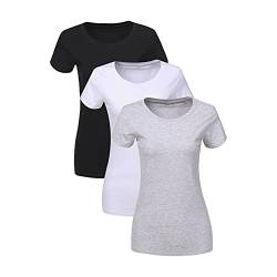 Liking Basic Tshirt Damen,Damen Basic Kurzarm Crop Top Casual Rundhalsausschnitt Tops Damen Tshirt Basic Baumwolle Set Schwarzes Tshirt Damen Weiss Graue 3er Pack 6101-BWG-M-3 von Liking