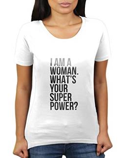 I Am A Woman What's Your Super Power - Damen T-Shirt von KaterLikoli, Gr. XL, Weiß von Likoli