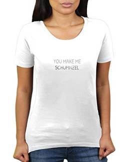 You Make Me Schmunzel - Denglisch Fun - Damen T-Shirt von KaterLikoli, Gr. M, Weiß von Likoli